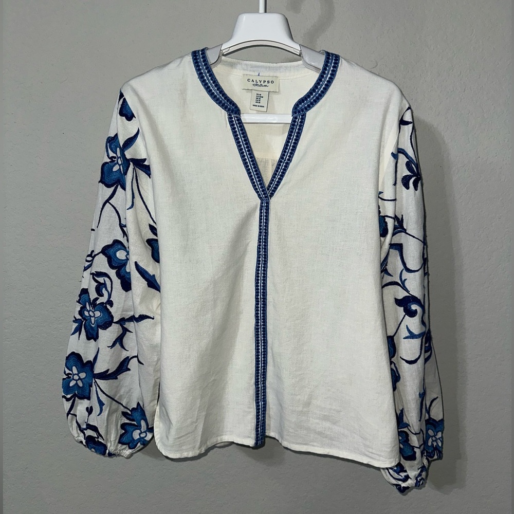 Calypso Floral Embroidered Cotton Flax‎ Peasant Blouse Top White Boho Medium